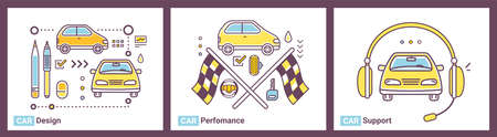 Vector set of illustrations of car service on white background. Line art style design of yellow car repair, tech support and maintenance for web, site, banner, printのイラスト素材
