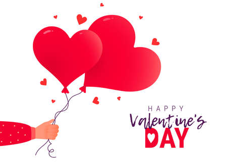 Vector Happy Valentine's Day illustration on white color background. Hand hold red shape heart air balloon. Flat style romantic design of sharing love heart for Valentine's Day greeting card, holiday posterのイラスト素材