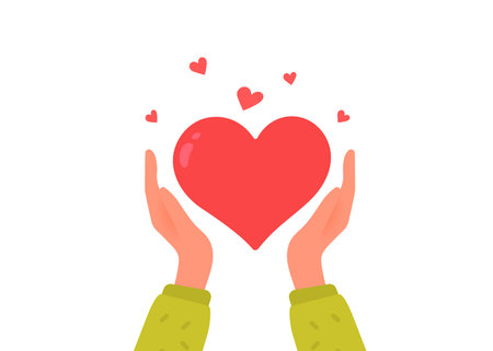 Vector kindness donation and charity illustration with red shape heart on white color background. Human hand care of heart form. Flat style romantic design of sharing love for Valentine's Day greeting card, posterのイラスト素材