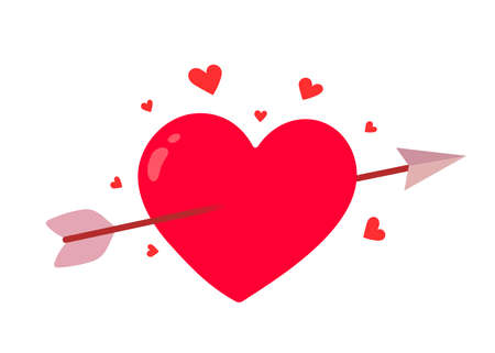 Vector Happy Valentine's Day illustration on white color background. Red shape heart pierced by cupid arrow. Flat style romantic design of love heart for Valentine's Day greeting card, holiday posterのイラスト素材