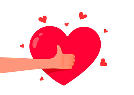 Vector illustration of hand with thumb up and red shape heart on white color background. Kindness donation and charity concept. Flat style romantic design with sharing love heart for review banner, social mediaのイラスト素材