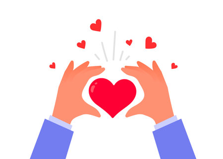 Vector kindness donation and charity illustration with red shape heart on white color background. Man hand with heart shape. Flat style romantic design of sharing love for Valentine's Day greeting card, posterのイラスト素材