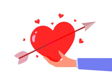 Vector Valentine's Day illustration on white color background. Man hand with red shape heart pierced by cupid arrow. Flat style romantic design of sharing love heart for Valentine's Day greeting card, holiday posterのイラスト素材