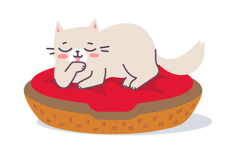 Vector illustration of lying happy cat character on red pillow in basket on white color background. Flat line art style design of cleaning and relaxing cute animal cat for web, greeting card, bannerのイラスト素材