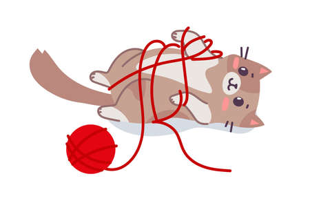 Vector illustration of happy cute laying on the back cat character with red ball of wool yarn on white color background. Flat line art style design of spotted animal cat for web, greeting card, bannerのイラスト素材