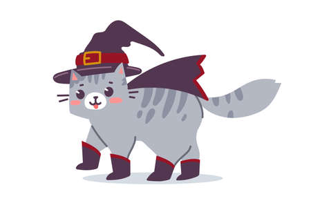 Vector illustration of happy cute striped gray cat character in witch hat and boots on white color background. Flat line art style design of walking animal cat for web, greeting card, bannerのイラスト素材