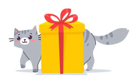 Vector cute illustration of happy gray striped cat and gift box with bow on white color background. Flat style design of animal cat character with present for banner, poster, greeting cardのイラスト素材