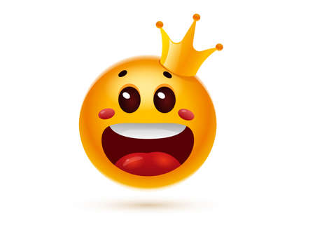 Vector illustration of happy yellow color smile emoticon with crown on white background. 3d style design of fun laugh emoji for social media messageのイラスト素材