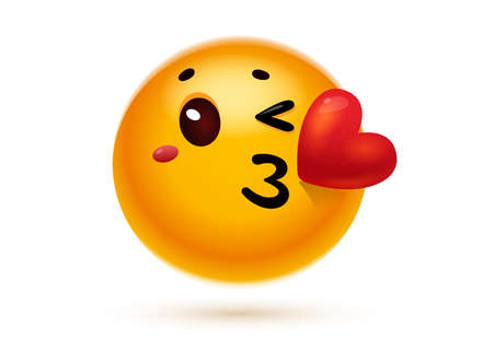Vector illustration of happy yellow color emoticon with lips kiss in shape of heart on white background. 3d style design of fun wink and kiss emoji for social media messageのイラスト素材