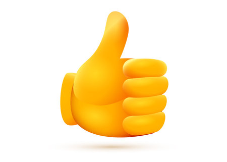 Vector illustration of yellow color thumb up emoticon on white background. 3d style design of...