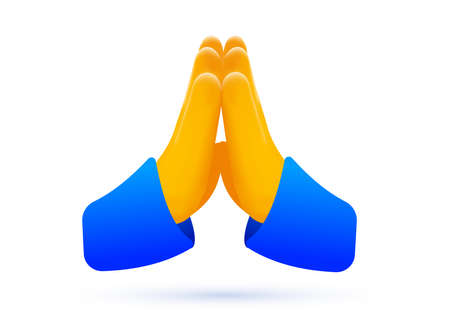Vector illustration of yellow color folded hand emoticon on white background. 3d style design of praying hand emoji for social media messageのイラスト素材
