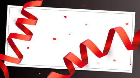 Vector holiday template with red ribbon in black frame on white color background. Creative realistic style design of red ribbon and confetti for greeting card, banner, posterのイラスト素材