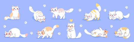 Vector set of illustration with happy cute different white cat character on blue color background. Flat line art style design of group of animal cat in different pose for web, greeting card, banner, stickerのイラスト素材
