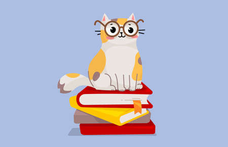 Vector illustration of happy cute spotted cat character in glasses sitting on pile of book on blue color background. Flat line art style design of clever animal cat for web, greeting card, bannerのイラスト素材