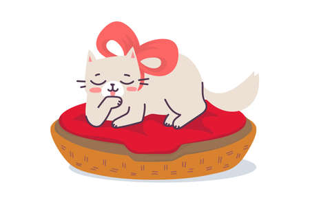 Vector illustration of lying happy cat character with bow on red pillow in basket on white color background. Flat line art style design of cleaning and relaxing cute animal cat for web, greeting card, bannerのイラスト素材