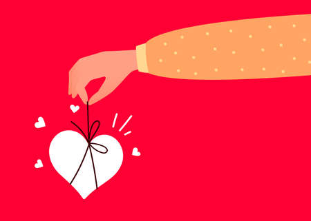 Vector Valentine Day illustration with human hand hold shape heart with bow on red color background. Flat style romantic design of sharing love heart for Valentine's Day greeting card, holiday posterのイラスト素材