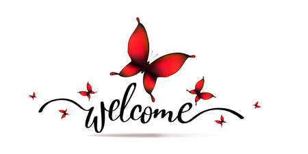 Vector illustration of beautiful red butterfly on white color background with word welcome. Template design with butterfly for web, site, banner, poster, print, greeting cardのイラスト素材