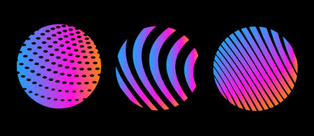 Vector set of abstract gradient neon color illustration of different dot and line pattern in round frame, decorative background for banner, poster, printのイラスト素材
