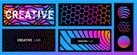 Vector set of abstract beautiful neon color illustration of different line and hexagon pattern in...