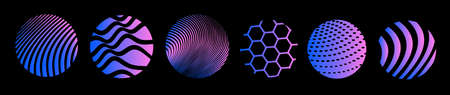 Vector set of abstract neon color illustration of different line and hexagon pattern in round frame, decorative background for banner, poster, printのイラスト素材