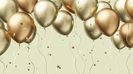 3d happy birthday horizontal illustration with realistic golden air balloon on light background with glitter confetti. Romantic holiday template design with balloon for greeting card, party poster, invitation, bannerの写真素材
