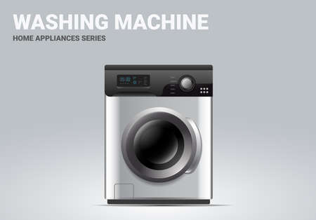 Vector realistic illustration of silver color washing machine on light background. 3d style shine washer appliances design for web, site, banner, print, posterのイラスト素材