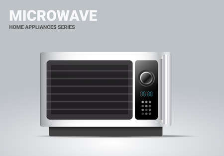 Vector realistic illustration of silver color kitchen microwave on light background. 3d style shine kitchen microwave appliances design for web, site, banner, print, posterのイラスト素材