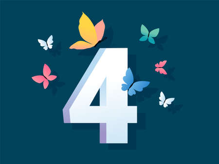 Design with butterfly and number 4 on color background. Vector illustration of beautiful bright butterfly with number four for web, site, banner, poster, print, greeting cardのイラスト素材