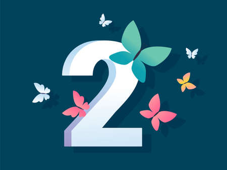Vector illustration of beautiful bright butterfly with number two on color background. Design with butterfly and number 2 for web, site, banner, poster, print, greeting cardのイラスト素材