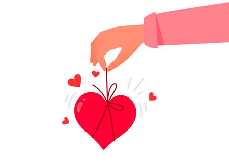 Human hand hold red shape heart with bow. Vector Valentine's Day illustration on white color background. Flat style romantic design of sharing love heart for Valentine's Day greeting card, holiday posterのイラスト素材