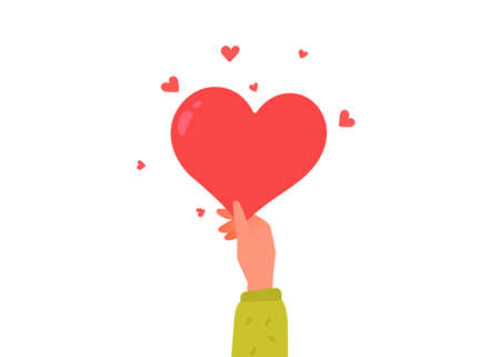 Vector Valentine's Day illustration on white color background. Sharing hand give red shape heart. Flat style romantic design of love heart for Valentine's Day greeting card, holiday posterのイラスト素材