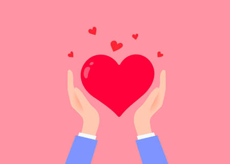 Vector kindness donation and charity illustration with red shape heart on pink color background. Human hand care of heart form. Flat style romantic design of sharing love for Valentine's Day greeting card, posterのイラスト素材