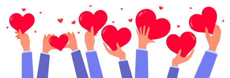 Vector kindness donation and charity illustration with red shape heart on white color background. Group of hand care of heart form. Flat style romantic design of sharing love for Valentine's Day greeting card, posterのイラスト素材