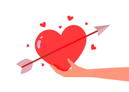 Vector Valentine's Day illustration on white color background. Woman hand with red shape heart pierced by cupid arrow. Flat style romantic design of sharing love heart for Valentine's Day greeting card, holiday posterのイラスト素材