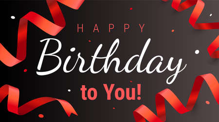 Vector happy birthday illustration with word and red curled ribbon. Holiday template design for birthday greeting card, party poster, banner on black color backgroundのイラスト素材