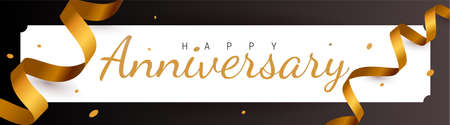Vector happy holiday illustration with golden ribbon and frame. Beautiful holiday template design with word anniversary for greeting card, banner on white color backgroundのイラスト素材