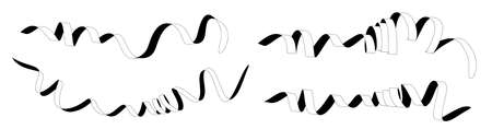 Vector set of line art style black and white curled ribbon on white color background. Creative holiday design of ribbon for greeting card, banner, posterのイラスト素材