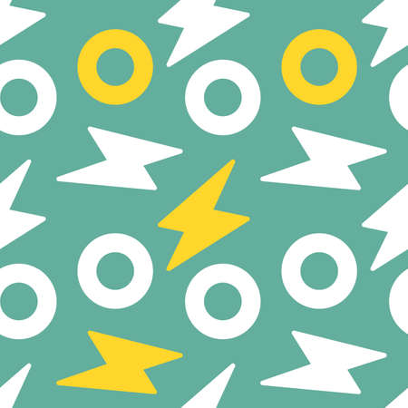 Vector simple illustration with white and yellow flash and circle on green color background. Flat style seamless pattern design with shape for web, site, banner, print, textileのイラスト素材