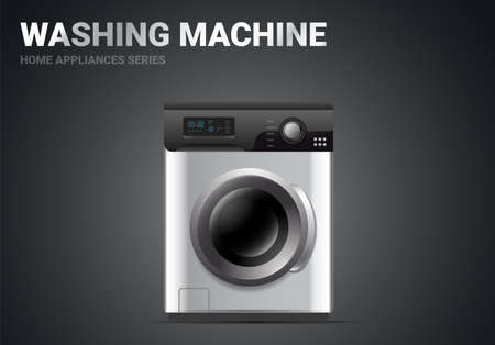 Vector realistic illustration of silver color washing machine on dark background. 3d style shine washer appliances design for web, site, banner, print, posterのイラスト素材