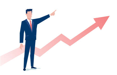 Vector business illustration of business man and graph of grow on white color background. Flat style design of man and red arrow for annual report, banner, marketing posterのイラスト素材
