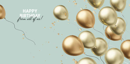 3d happy birthday horizontal illustration with realistic golden air balloon on blue background with text and glitter confetti. Beautiful holiday template design with flying balloon for greeting card, party poster, invitation, bannerの写真素材