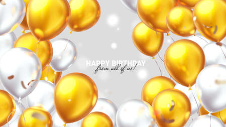 3d happy birthday illustration with pile of realistic golden and white air balloon on light background. Holiday horizontal template design with balloon with text and glitter confetti for greeting card, party poster, invitation, bannerの写真素材