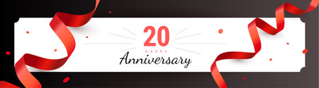 Vector happy holiday illustration with red ribbon and frame. Beautiful holiday template design with word anniversary and number 20 for greeting card, banner on white color backgroundのイラスト素材