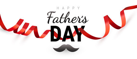 Vector holiday illustration with red curled ribbon and text happy Father's day. Template design with text and mustache for Father's day greeting card, banner on white color backgroundのイラスト素材