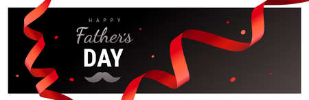 Template design with text and mustache in frame for Father's day greeting card, banner on black color background. Vector holiday illustration with red curled ribbon and text happy Father's dayのイラスト素材