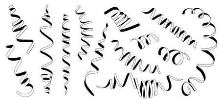 Vector big set of line art style black and white curled ribbon on white color background. Creative holiday design of ribbon for greeting card, banner, posterのイラスト素材