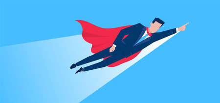 Vector business illustration of super business man in red cloak flying up on blue color background. Flat style design of hero man for banner, marketing posterのイラスト素材