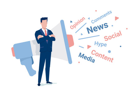 Vector business illustration of business man and megaphone with word on white color background. Flat style design of man for social media banner, marketing posterのイラスト素材