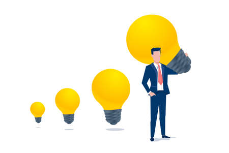 Vector business illustration of business man holding yellow light bulb on white color background. Flat style design of man create idea for banner, marketing posterのイラスト素材