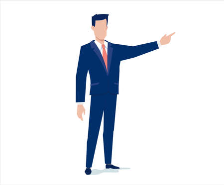 Vector business illustration of business man pointing to the side on white color background. Flat style design of man manager for social media banner, marketing posterのイラスト素材
